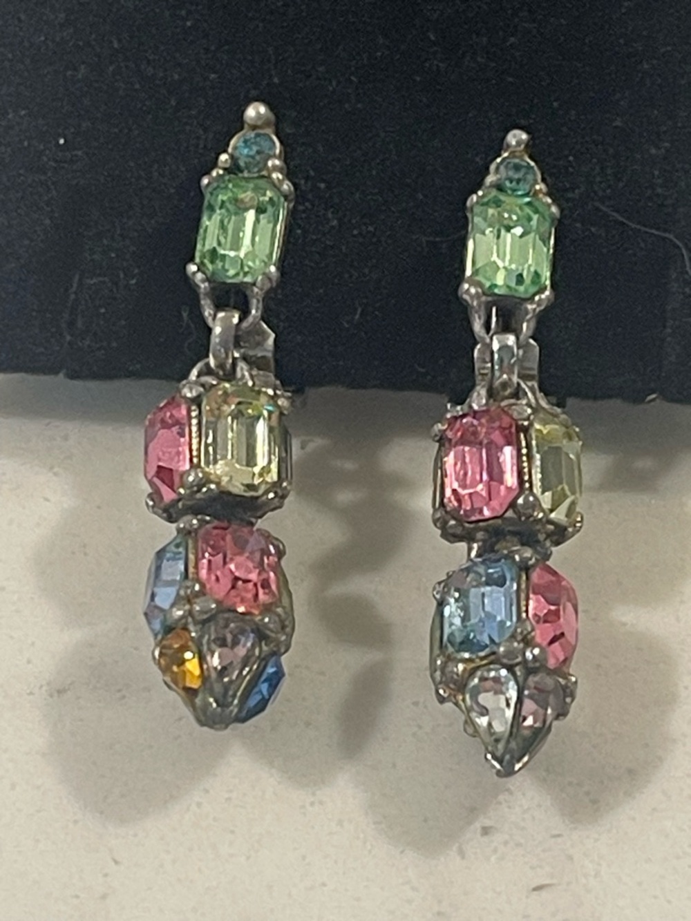 Vintage BOGOFF Signed Rhinestone Pastel Drop Earrings Multi Color Clip On